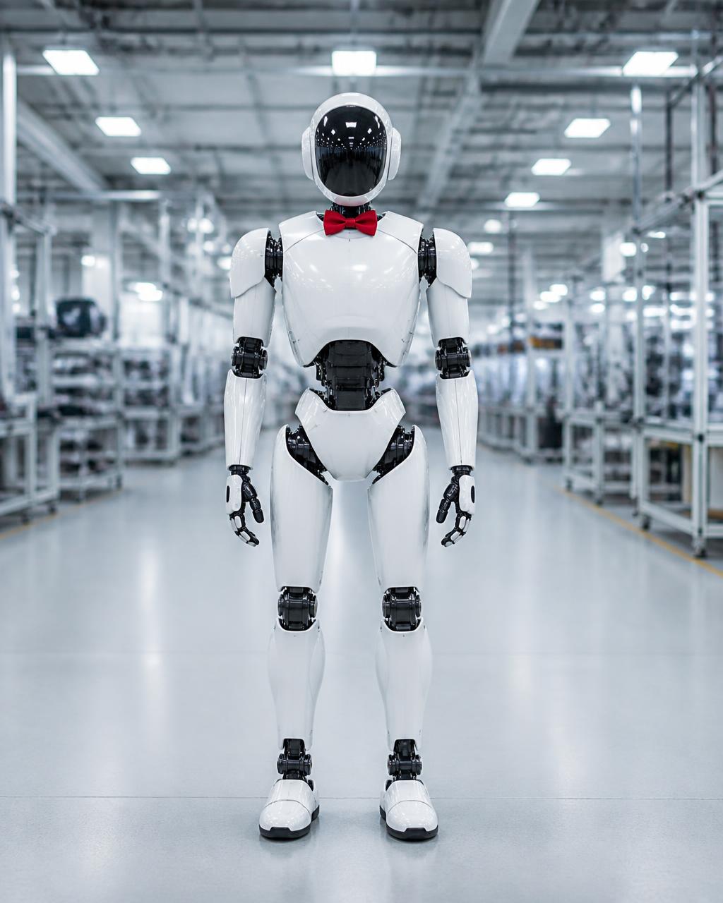 Bipedal humanoid robot with red bow tie standing in a factory