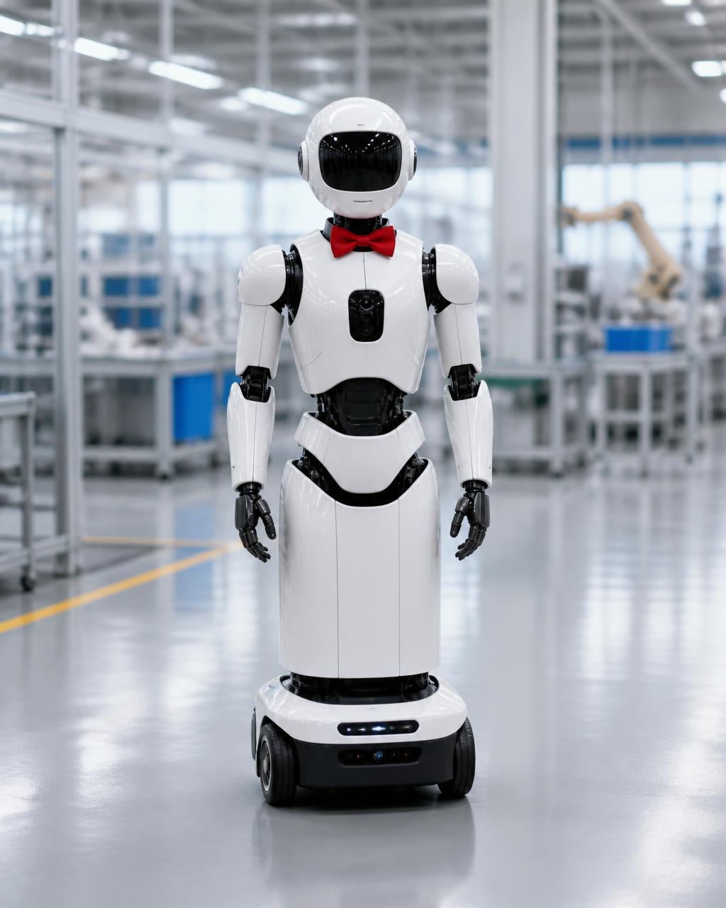 Humanoid robot with red bow tie on a wheeled mobile base in a factory